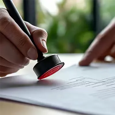 Mão carimbando um documento sobre a mesa.